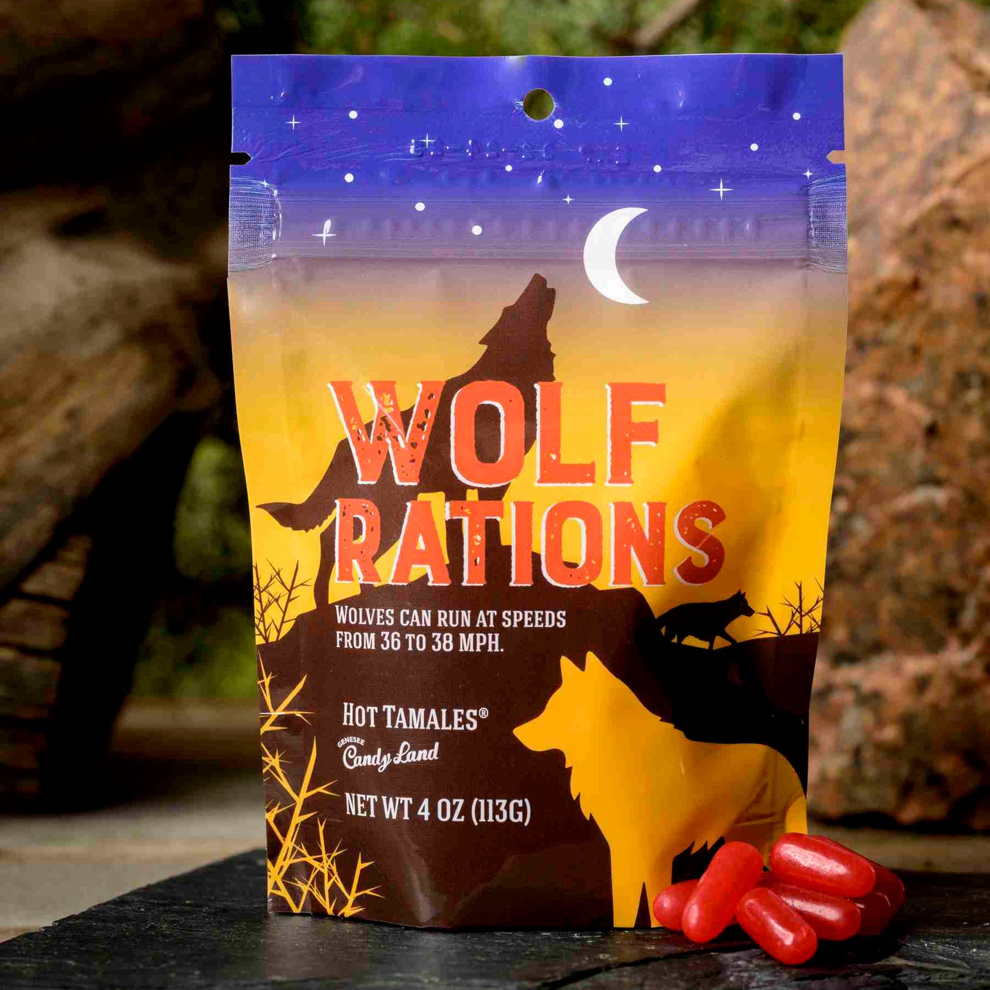 Wolf Rations Animal Trackers hot tamales candy pouch Genesee Candy Land Wholesale