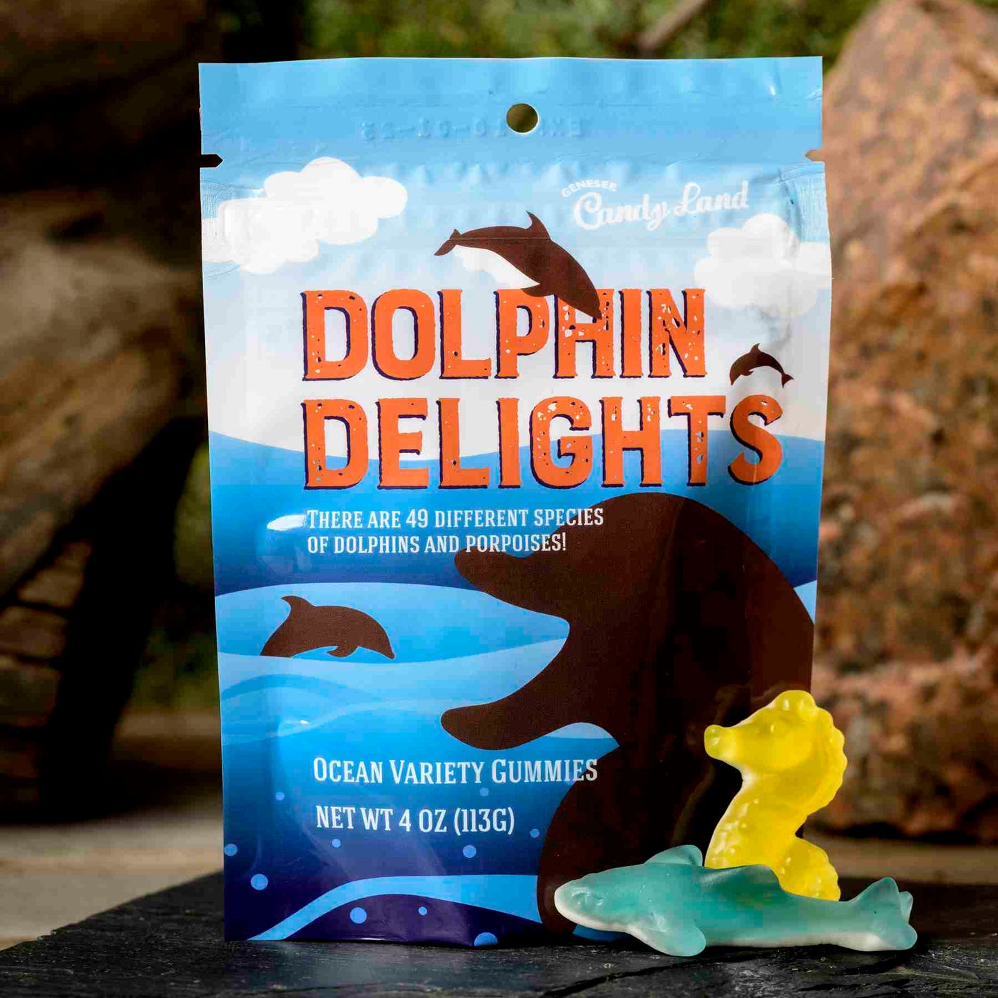 Dolphin Delights Animal Trackers gummy candy pouch Genesee Candy Land Wholesale